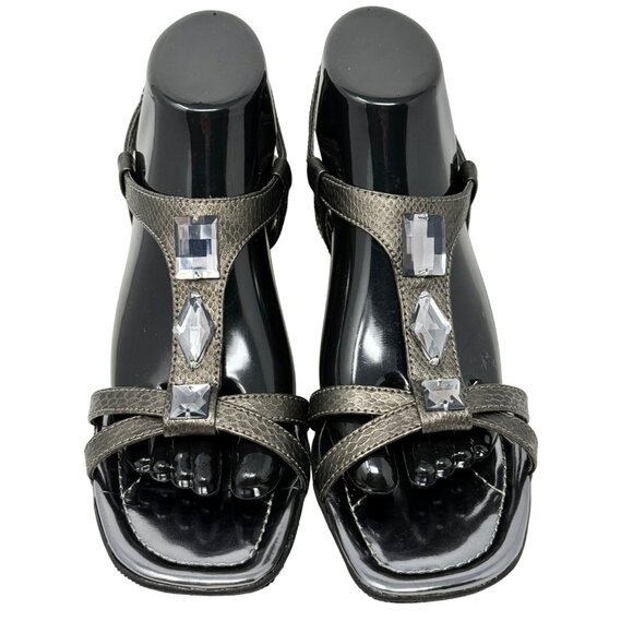 Anne Klein Makala Pewter Gray Wedge Sandals 7M Jewel Accents Ankle Strap - READ - Picture 4 of 15